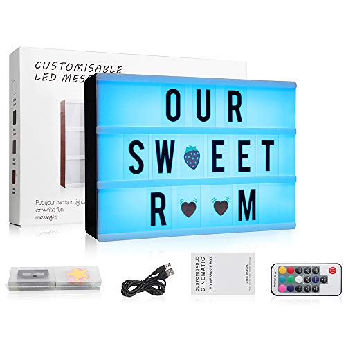 LooEooDoo Panneau de cinéma à message lumineux à éclairage LED Format A4 7 couleurs changeantes avec 120 lettres et télécommande sans fil