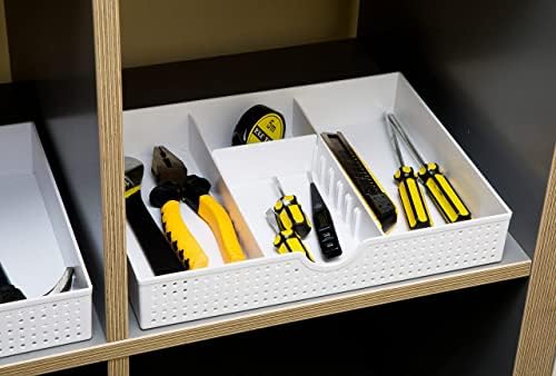 Amtido Desk Drawer Organiser Tray for Office Stationary Supplies & Accessories - Draw Tidy Storage Box  3 Compartments with 2 Adjustable Dividers  White