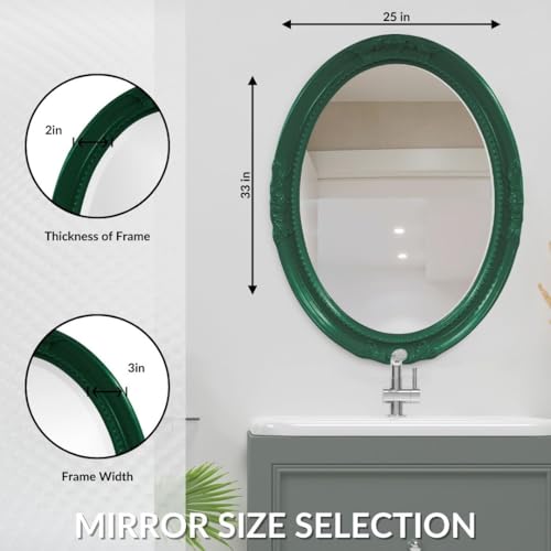 Image of Howard Elliott Collection Queen Ann Oval Glossy Hunter Green Wall Mirror, Oval Bevelled Hanging Wood Framed Vanity Mirrors for Home Decor, Living Room, Bathroom, Bedroom, or Hallway, 25 x 33 Inch
