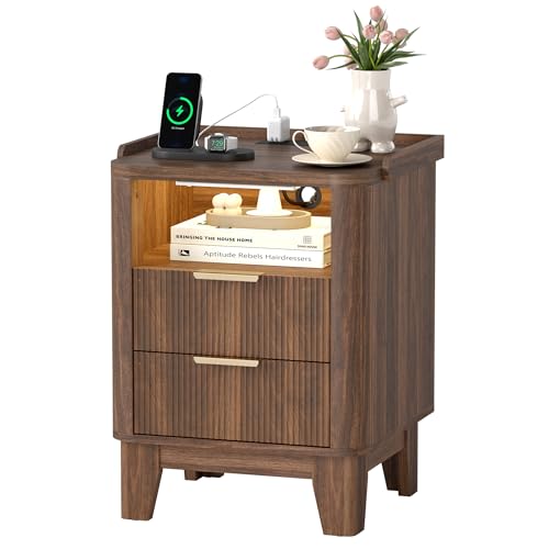Turosur Night Stand with Charging Station, Fluted Nightstand with 2 Drawers and LED Light, Wood Bedside Table with Open Storage for Bedroom, Walnut