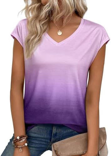 Aottori Women's Summer Batwing Sleeve T-Shirt V-Neck Oversized Gradient Top Elegant Fashion Basic Casual Beach, purple, L