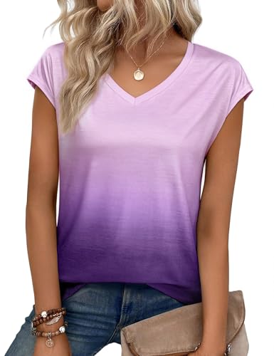 Aottori Tee Shirt Femme Été Col V T-Shirt à Manche Courte Dégradé Loose Tshirt Basic Top Hauts Décontracté Chic et Élégant Violet M