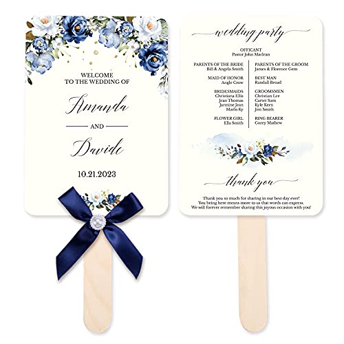 DORIS HOME Blue Wedding Program Fan Personalized 50pcs 5