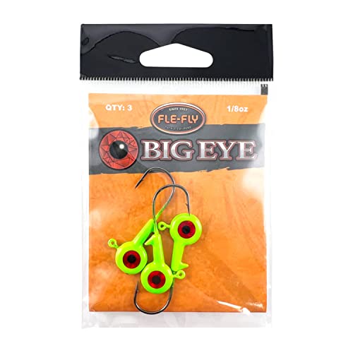 Fle-Fly Big Eye Jig Heads (3 Pack) Uv Coated With Holographic Eyes, Lazer Sharp Black Nickle American Made Hooks (1/16 Oz, Chartreuse) #TOP21
