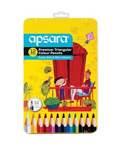 Image of Apsara 12 Full Size Premium Triangular Colour Pencil | Brilliant Colours | Hex Shape | Easy Grip | Superior Lead Quality | use for School, College & Artist Student | Pack of 1-12 Colour Pencils