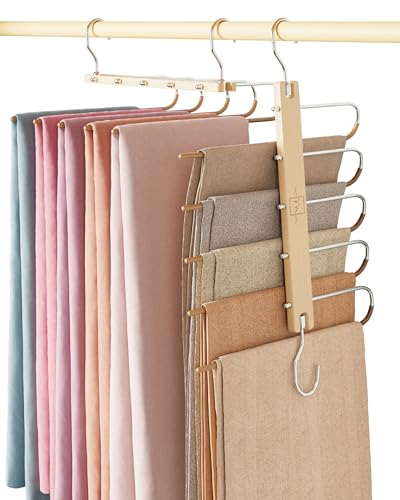 MORALVE Hosenbügel platzsparend Premium Kleiderbügel aus europäischem Buchenholz für Hosen Jeans & Schals Kleiderschrank Organizer mit 360 drehbarem Haken (2er-Pack)