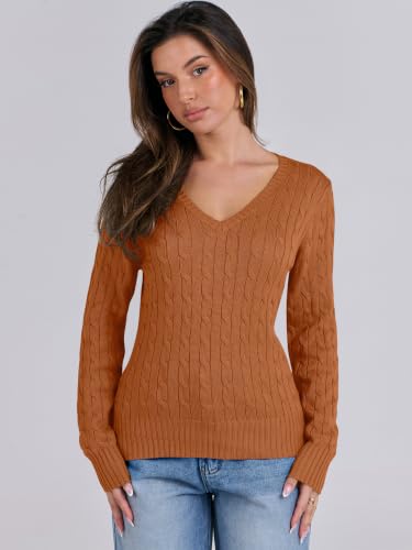 Image of ANRABESS Women's Cable Knit V Neck Fitted Sweaters