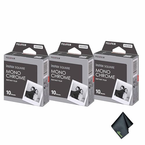 Película Fujifilm Instax Square en blanco y negro, paquete de 30 exposiciones para fotos instantáneas, álbumes y compartir, incluye paño de limpieza miniatura 1