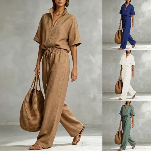 Conjunto de lino mujer de dos piezas ligero y pantalón con cordón 2