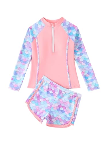 Girls UPF 50+ 2 Pcs Rash Guard Sets Long Sleeve Swim Shirts with Shorts Beach Tankini Sets