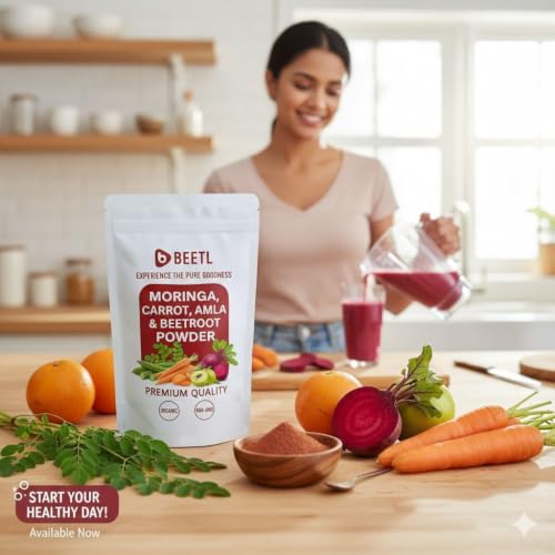 Image of BEETL Moringa Carrot Beetroot & Amla Powder Blend | Mixed Vegetable Powder | Plant Based Blend for Smoothies, Juices & Recipes | Pack of 2 x 100 g | Total 200 g