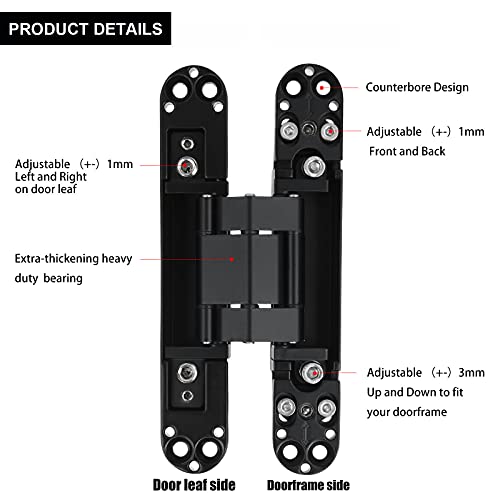 2 Set 6 Inch Hidden Door Hinges Zinc Alloy Heavy Duty Invisible Hinge 180 Degree Swing Concealed Hinge 3 Way Adjustable Butt Hinge 6 X 2.5 X 1 Inch Black (2 Hinges) #TOP2
