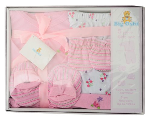 Big Oshi 5 Piece Layette Newborn Baby Gift Set for Girls - Great Baby Shower or Registry Gift Box to Welcome a New Arrival - All the Essentials - Pants, Shirt, Cap, Mittens and Booties, Pink
