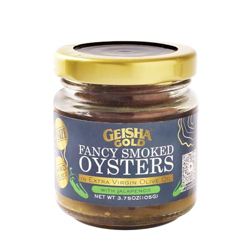 GEISHA Smoked Oysters in Extra Virgin Olive Oil with Jalapenos 3.75oz(Pack of 6) in Jar, Smoked Oysters | Zero Trans Fat - No Sugar Added – Farm Raised – Rich in Iron(20% DV per serving) – Gluten Free – Good Source of Protein(15g per serving) – NON-GMO Project Verified – L size oyster