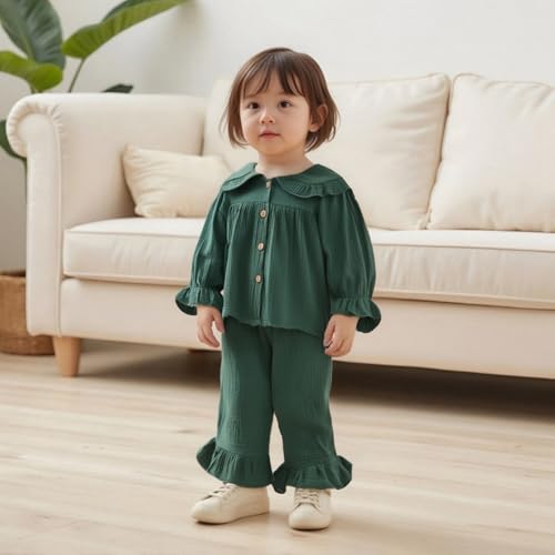 MAINESAKA Toddler Baby Girl Pajamas Cotton Linen Lounge Set Solid Color Button Down Shirt Flare Pajama Pants Sleepwear Outfit3