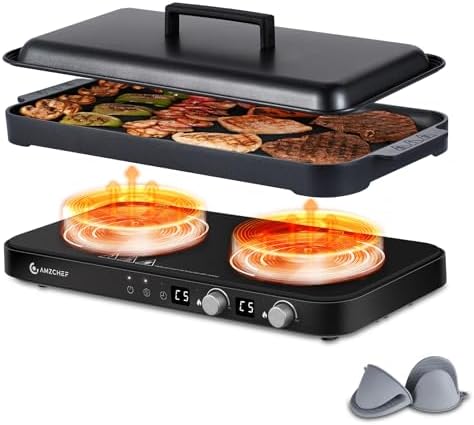 AMZCHEF Double Induction Cooktop with Griddle Pan