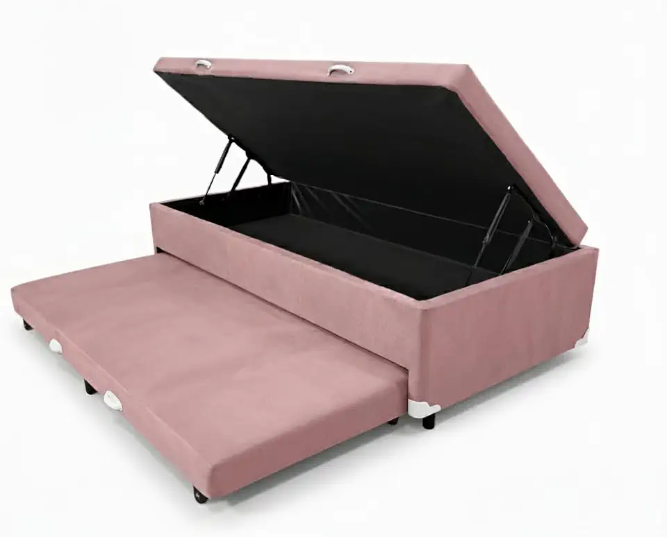 Cama Box Baú Solteiro com Auxiliar Conjugada | Pistão a Gás | Suporta Até 200kg | 188x88x42 | (Suede Rosa)