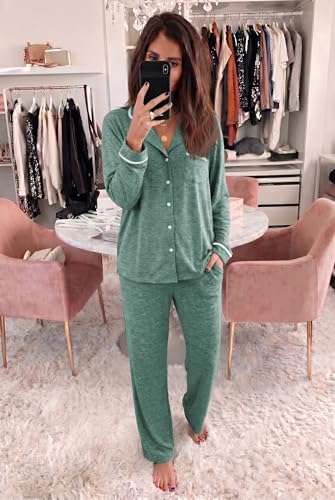 Ekouaer Womens Pajama Sets Long Sleeve Button Down 2 Piece Lounge Set Green - image 6