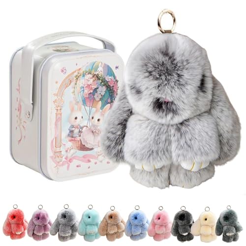 Easter Bunny Lulu Keychain with Tin Box Soft Fluffy Handmade Rabbit Keychain Pompom Charms Cute Rabbit Key Ring Charm for Keys, Bags & Backpacks, Women, Girls