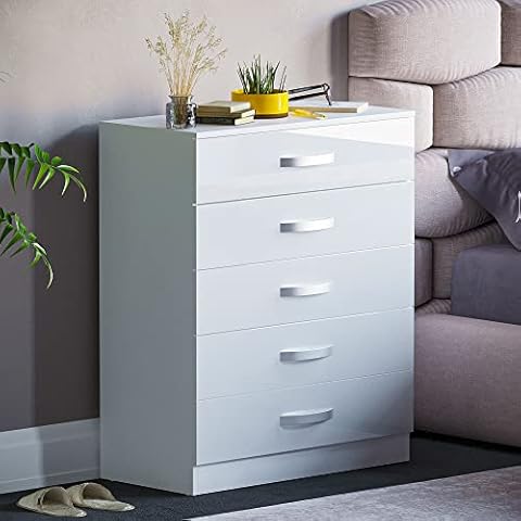 Amazon Brand - Movian Hulio High Gloss 5 Drawer Chest Of Drawers, White, 90 x 75 x 36 cm Cover