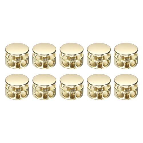 Image of sourcing map 10Pcs Double Hole Cord Locks, 4mm Round Metal Spring Toggle Stopper Clip for Shoelaces Drawstrings Paracord, Light Gold