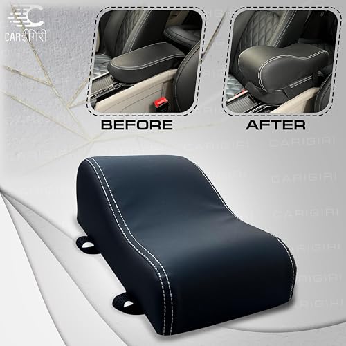 Image of Carigiri Comfirest Armrest Cushion for Car| Orthopedic Foam Cushion| Universal for All Cars| Armrest Support Extender| Armrest Height Extender(Double Stitching,Nappa Leatherette,Black with White Seam