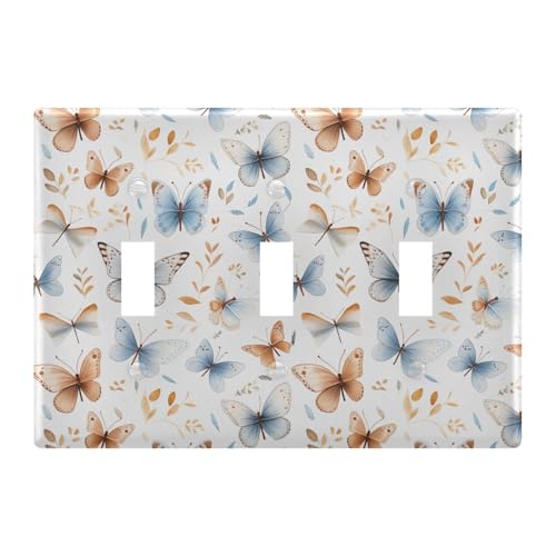 Light Switch Cover Blue Brown Butterfly Wall Plates for Electrical Outlets 3 Gang 202b2600