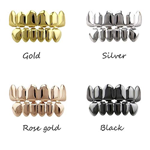 24K Gold Plated Hip Hop Teeth Grillz Punk Custom Fit Teeth Grillz Caps Top & Bottom Grill Set Removable Hip Hop Mouth Grills For Women Men Gift Halloween Party Photo Fancy Dress Accessories Silver #TOP4