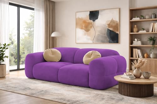 Image of Casaliving Vetras Modern Velvet Bubble Cloud Sofa, Tufted Design Upholstered 2 Seater Sofa Set for Living Room, (Purple Colour) Premium Velvet Fabric Sofa