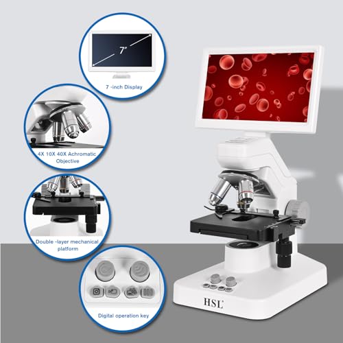 Image of HSL Dual LED light digital microscope with screen,2MP Camera Biological Microscope for Adults Lab,HD 7 inch LCD Kids Microscopes Set for Student Science Double Layer Mechanical Stage 8GB SD Card 1600X
