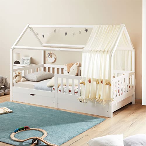 IDIMEX Hausbett NUNA aus massiver Kiefer, Montessori Bett in 90 x 200 cm mit Rausfallschutz, Spielbett mit Schubladen, modernes Kinderbett mit Dach in weiß