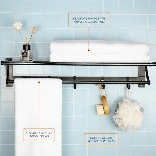 Image of Amazon Basics Towel Holder in Bathroom 24 Inch, Foldable Wall Mounted Double Tier Aluminum Towel Rack for Bathroom with Shelf, Rod & Hooks, Rustproof Bathroom Organizer