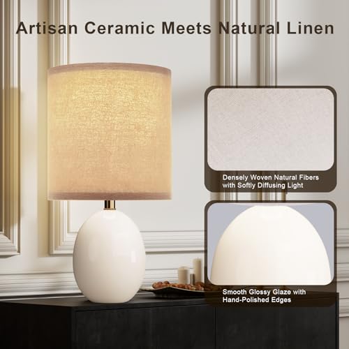 Image of Dawnwake 17.3 inch Table Lamp Set of 2 for Living Room Bedroom, Bedside Lamps for Night Stands, Desk Nightstand Lamp Dimmable, Modern Linen Cream Ceramic Lamps (White-B)