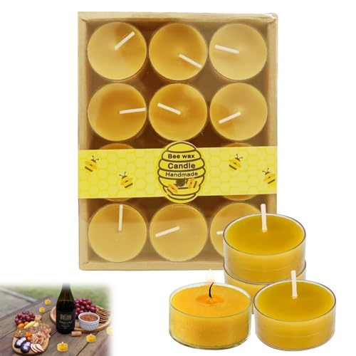 Beeswax Candles, Candle Wax, 12PCS Tealight Candles, Handmade Natural Candle Non Toxic, Tea Lights for Relaxation, Pure Bees Wax, Eco-Friendly, Cotton Wick