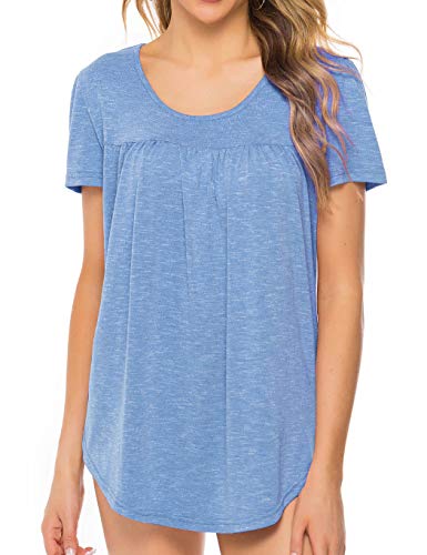 Koitmy Women's Scoop Neck Short Sleeve Pleated Blouse Tunic Casual Shirt Tops Light Blue