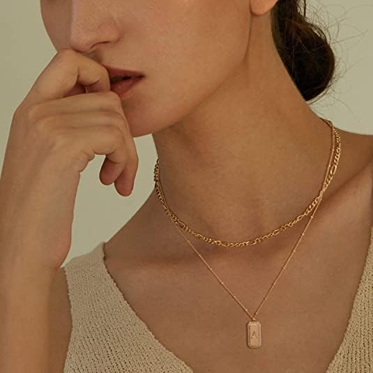 Gold Initial Necklace for Women 14K Gold Plated Figaro Chain Choker Layered Necklaces Set Bar Rectangle Pendant Necklaces Simple Dainty Letter Necklace Everyday Gold Jewelry - Image 2