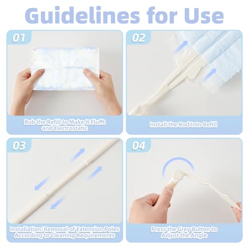 Image of Heavy Duty Dusters Refills, Disposable Dusters Kit Compatible with Handles, Multisurface Dusters+1 Extended Handle +1 Handle (Blue, 180)