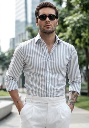 Image of IndoPrimo Men's Striped Shirt | Premium Slim Fit Full Sleeve Formal Casual Shirt | Button-Down Cotton Shirt for Office