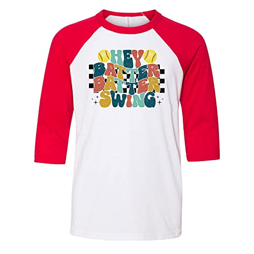 Retro Hey Batter Batter Softball Kids Three-Quarter Raglan Sleeve Baseball Shirt Youth Medium White/Red