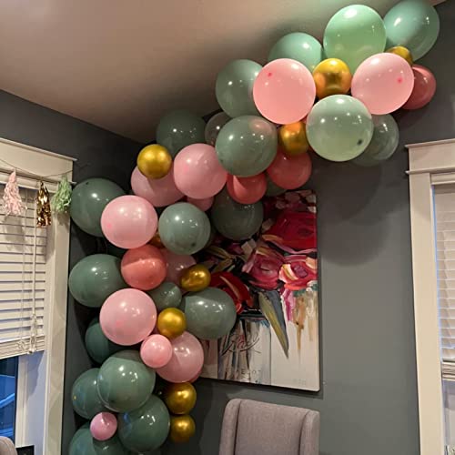 Image of Green Pink Balloons 12inch 60pcs Sage Green Dusty Pink Balloons for Jungle Birthday Party Decorations Metallic Gold Confetti Helium Latex Balloon Bridal Shower Wedding Wildflower Baby in Bloom
