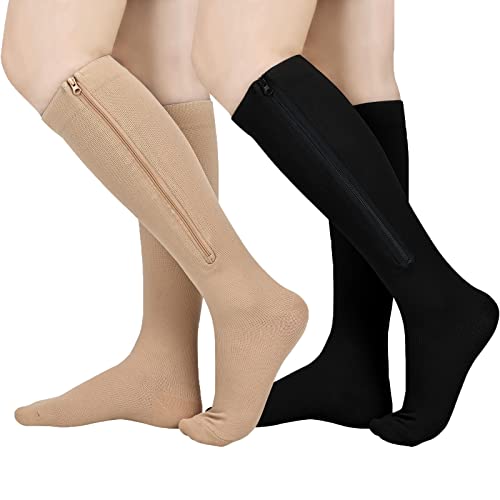 Image of 2 Pairs Zipper Compression Socks Women & Men,Closed Toe, 15-20 mmHg Knee High Compression Stockings for Edema, Varicose Veins