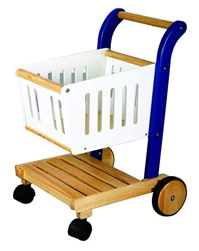 Estia Einkaufswagen für den Kaufladen / Material: Hartholz / Farbe: holzfarbend, blau + weiß lackiert / Maße: 40 x 42 x…