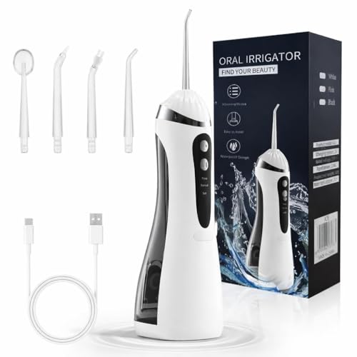 Water Flosser for Teeth Cleaning, Cordless IPX7 Waterproof Rechargeable Oral Irrigator with 4 Jets, 3 Modes Irrigation Cleaner with 200ml Water Tank (White)