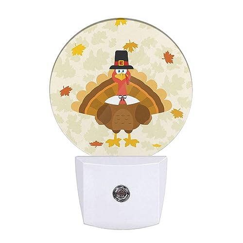 Image of Cute Holiday Turkey Plug-in Nightlight Happy Thanksgiving Autumn Maple Leaves Orange Night Light LED Dusk-to-Dawn Sensor for Boys Girls Gifts Bedroom Playroom