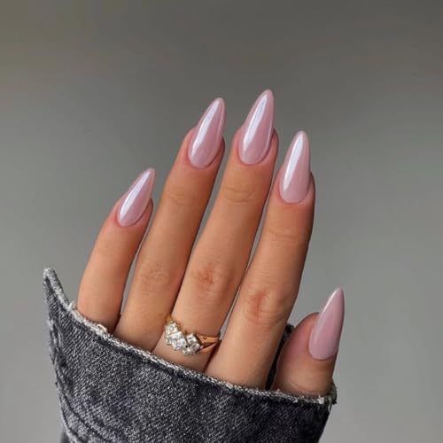 KQueenest Light Pink Press On Nails - Chrome Almond Medium, Sparkle...