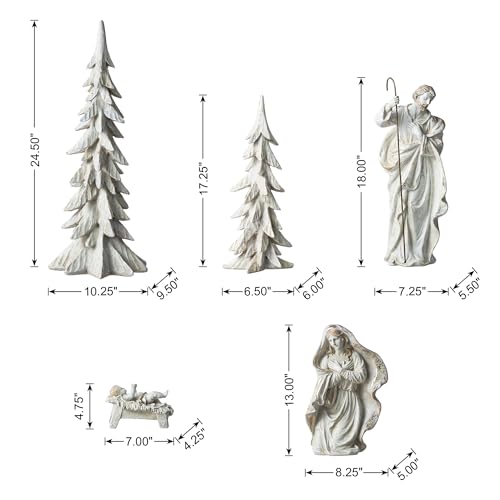 Image of Glitzhome 5Piece White /Gold Resin Nativity Sets, Holy Family Figurines with Joseph, Mary, Baby Jesus and 2 Christmas Table Trees for Christmas Table Decor, Indoor Nativity Figurines Tabletop Scene