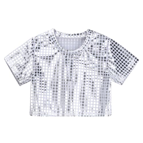 E Girl Klamotten Pulli Casual Pailletten Glitzer Kostüm Party Karneval Kleid Kurzarm Top Shirt Mädchen Neon (Silver, 10-12 Years)