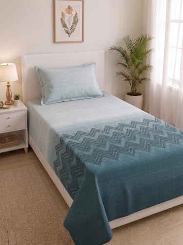 Image of Mafatlal 186 TC Autumn Delight Graceful Pure Cotton Single Flatsheet (60 x 90 Inch) | Breathable Summer Comfort | Wrinkle-Free Floral Bedsheet with 1 Pillow Cover, Ash Teal