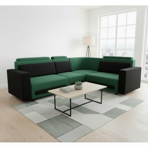 Image of APRODZ Wooden Sofa Set 6 Seater for Living Room, Solid Wood L Shape Sectional Sofa with Velvet Fabric Upholstery, Cushioned Seating for Home, Office & Lounge, Dark Green & Black