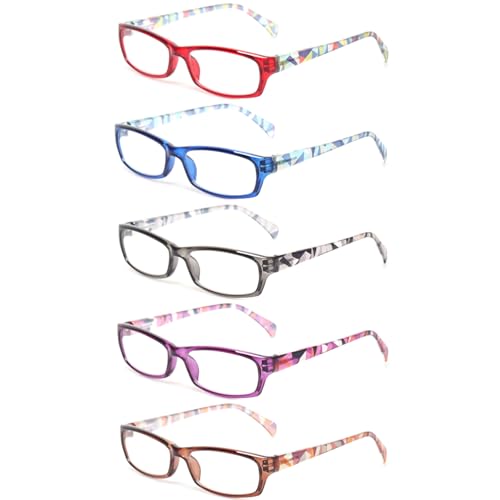 Image of Kerecsen Reading Glasses 5 Pairs Fashion Ladies Readers Spring Hinge with Pattern Print Eyeglasses for Women (Multicolor, 2.5)